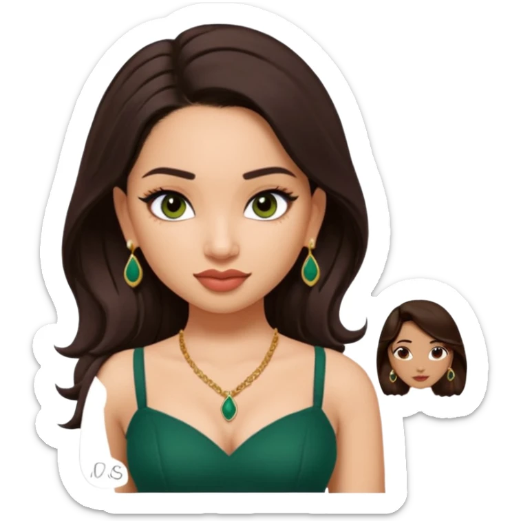 pretty bratz genmoji that looks like tamannah bhatia (bollywood actress), wearing a dark green sweetheart neckline top, dark brown hair, light makeup, no necklace, dangly earrings, side hair part, dark brown eyes, with tattoos sticker