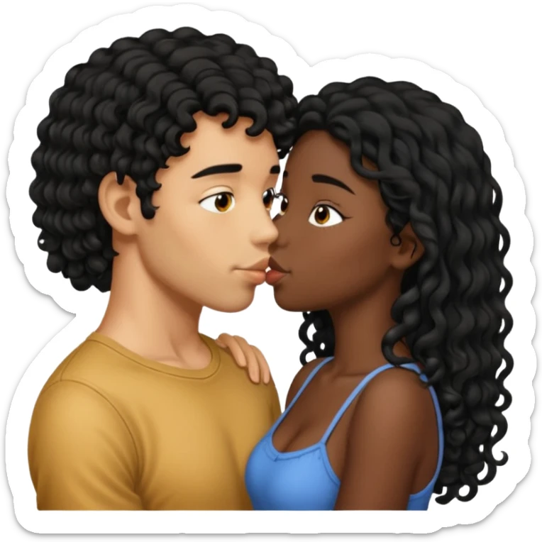 À string man with short straight black hair kissing a shorter girl with long black curly hair sticker