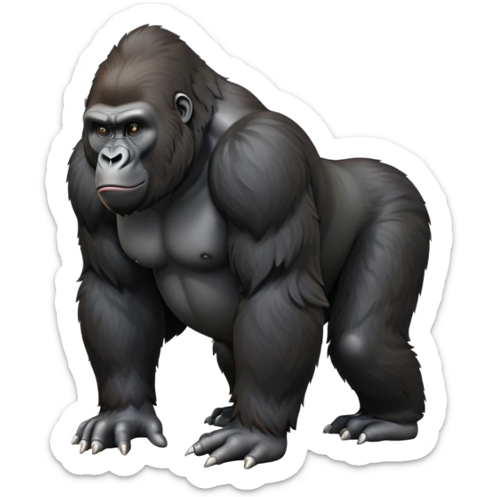cinematic-gorilla-realistic-full-body-on-all-fours-emoji,-exuding-strength,-thick-dark-fur-in-the-light,-head-tilted-dramatically,-deep-friendly-eyes-filled-with-intense-intelligence,-simplified-yet-realistic-focused-features,-highly-detailed, zoomed out friendly  sticker