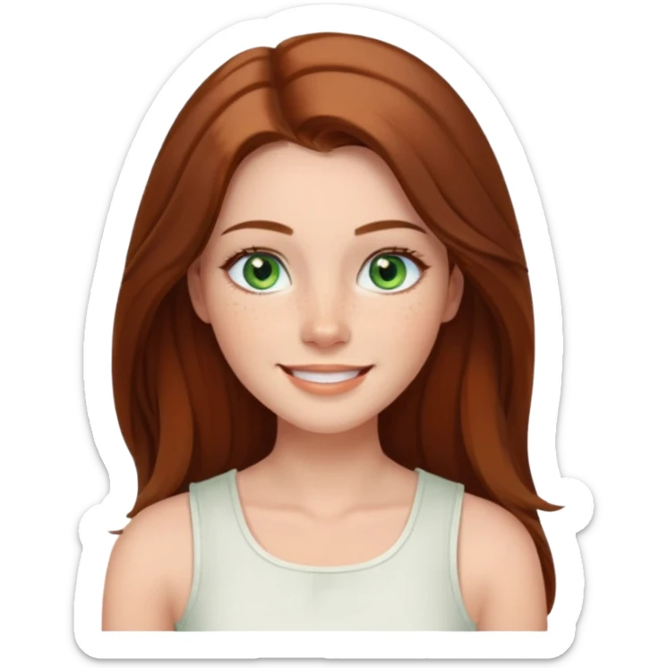 emoji of a confident woman named Freya McOmish, smiling, green eyes, long hair with a center part, subtle freckles, modern casual style, broad shoulders, wearing a white sleeveless square neck top sticker