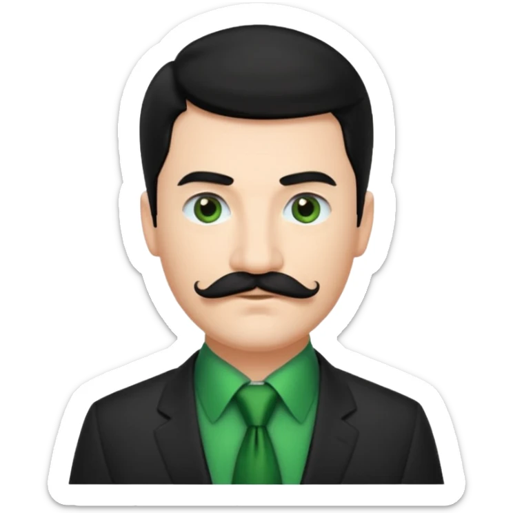 ["Fair-skinned man with black hair and a moustache, wearing a dark suit and green tie."] sticker