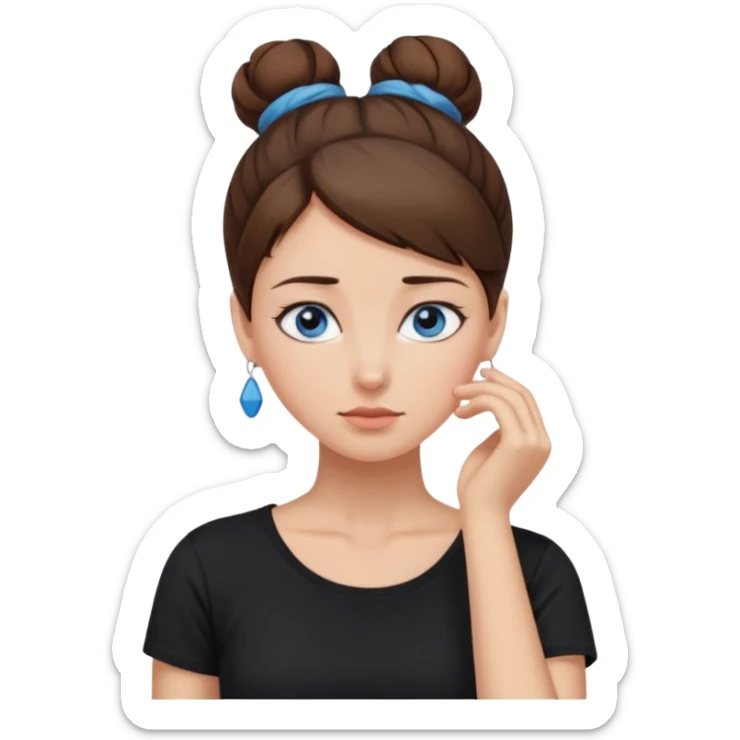 apple style emoji of a woman with blue eyes, brown hair in a bun, one hand on her neck in discomfort, wearing a black T-shirt sticker