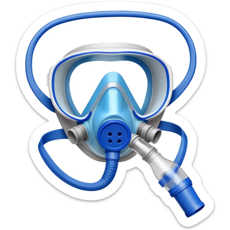 Close-up of blue VO2 max testing mask with breathing tubes and valves, no person wearing it sticker