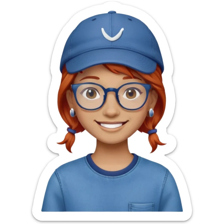 Young person with red hair, glasses, earrings and a wonderful smile, wearing blue clothes, jeans and a cap sticker