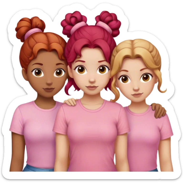Three sisters one of them have red hair with buns. One of them have dirty blonde hair with ponytail. One of them have white curls with brown hair and they are all wearing pink shirts sticker