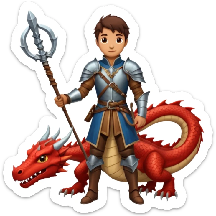 a dragon tamer with a whip in his hand in medieval time with a dragon next to him sticker