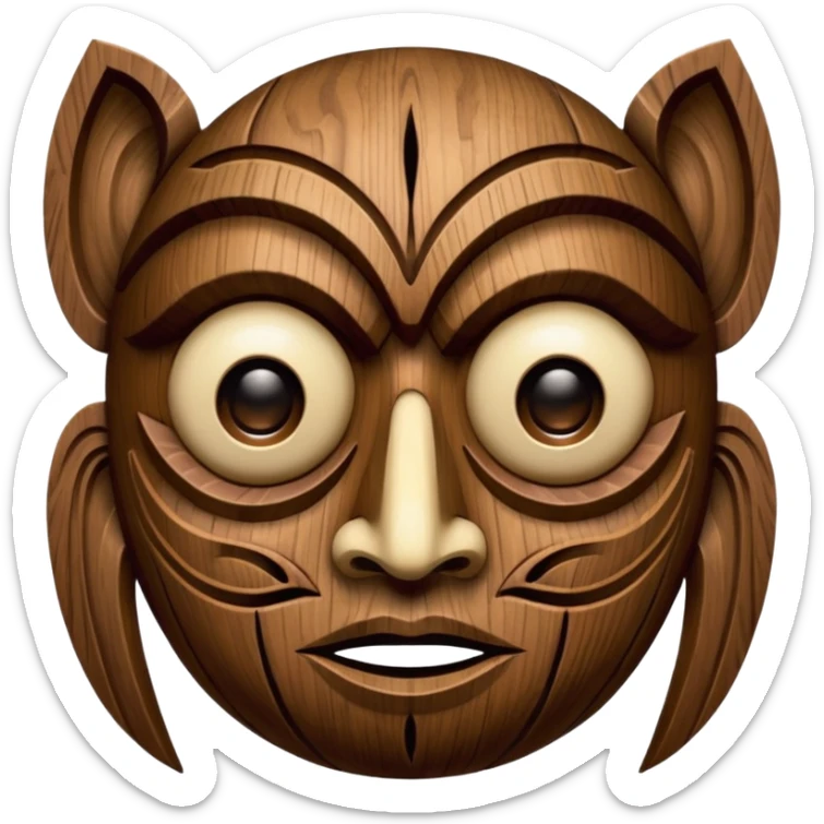 Wooden Mask, Brown carved wood face with hollow eyes. sticker