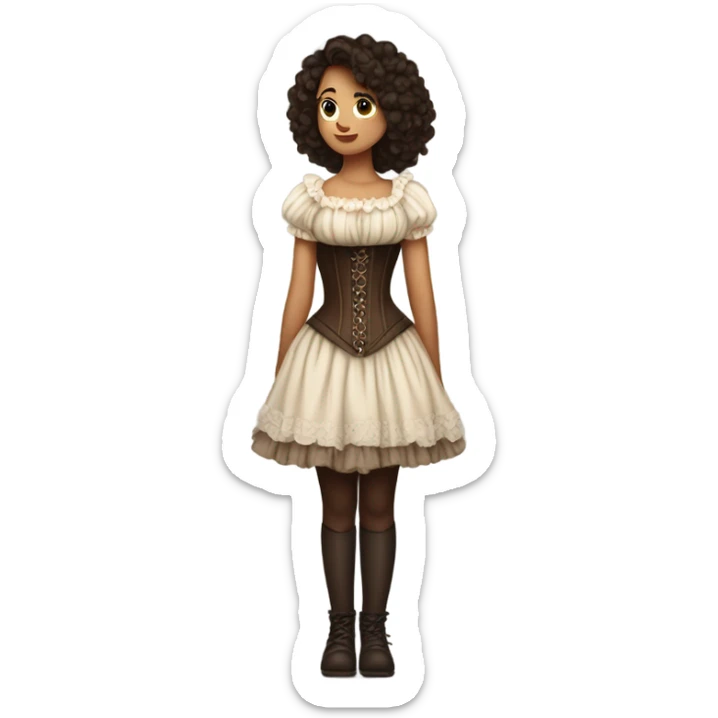 a light girl with dark brown hair standing with her back tied an old corset on a fluffy dress sticker
