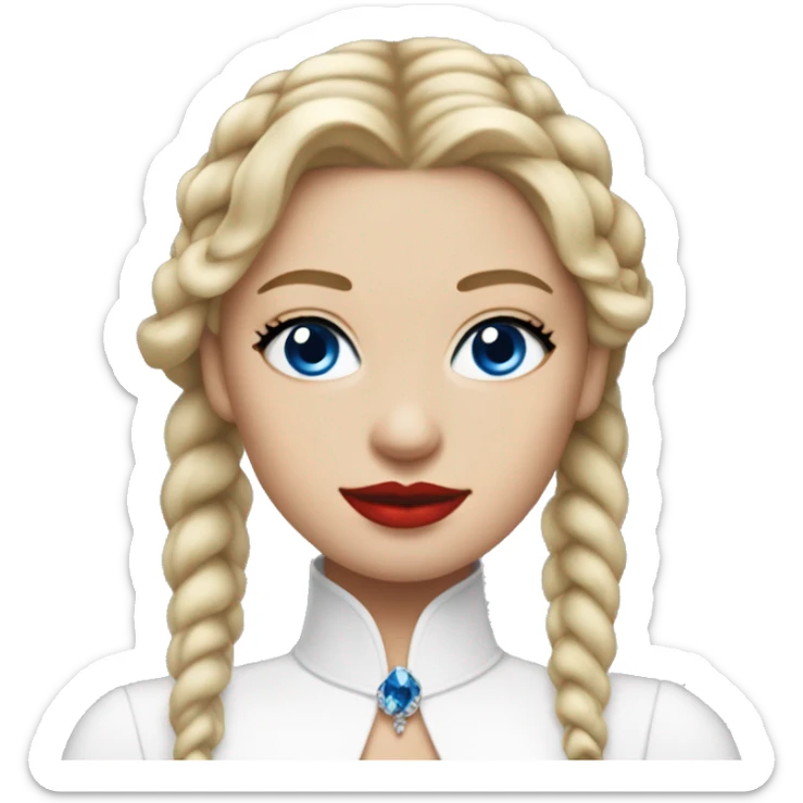 woman with blue eyes blonde har over one of her shoulders with a small braid in some of her hair, red lips, eyeliner, necklaces, white dress, black gloves sticker