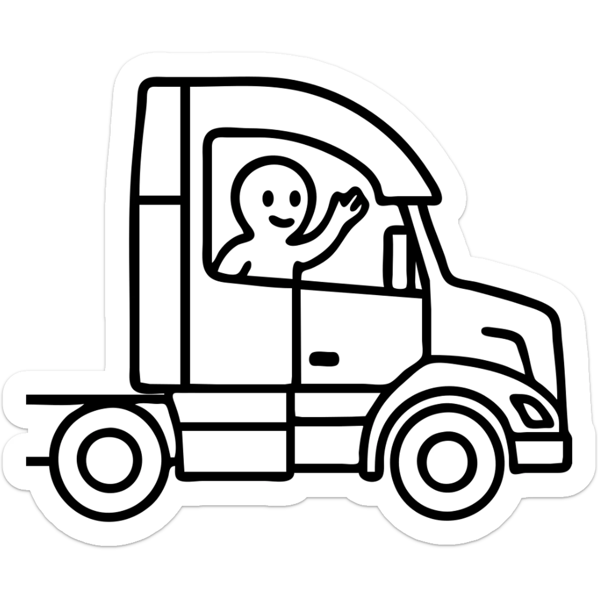 Casper the ghost waving from the window of a 2022 Volvo sleeper semi truck, outlined icon style sticker