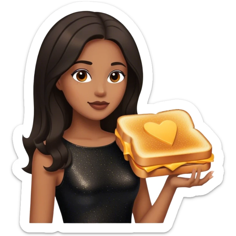 Beautiful woman in 1950’s woman fashion look, black shimmery dress, long dark brown hair, grilled cheese sandwiche sticker