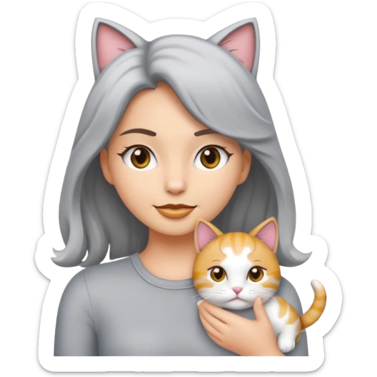 Haz una imagen estilo emoji de iPhone con una chica blanca de cabello ondulado claro tomando en brazos a su gato gris con blanco sticker