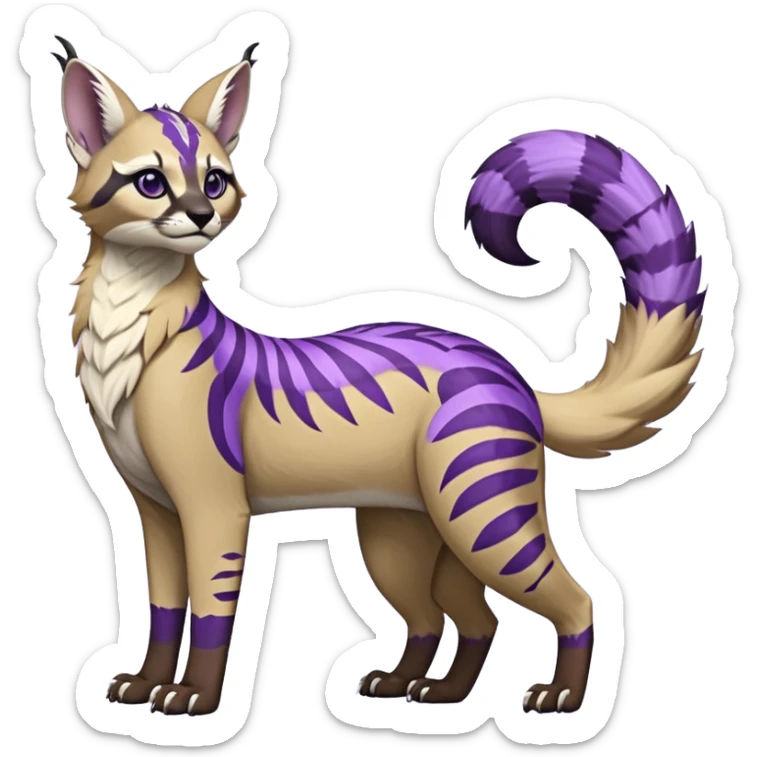 banana-cream-colored fur base coat, with violet-pointed, tropical tribal glorious divine exotic cute cool beautiful beautiful fantasy-caracal-civet-genet-sergal-vernid-Gryphon-Cacomistle-Trico-oncilla-animal-Fakémon-hybrid-fursona (full body) sticker