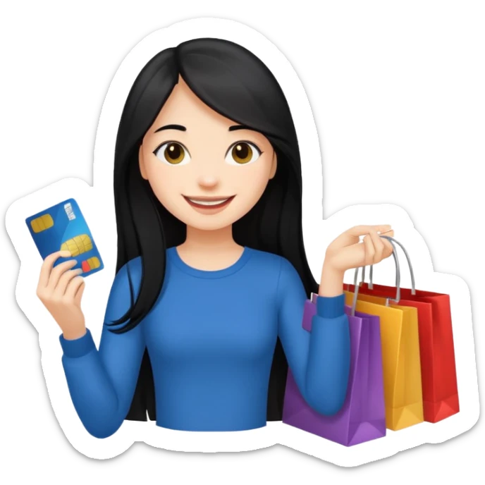 Girl with long black hair holding shopping bags and credit card sticker