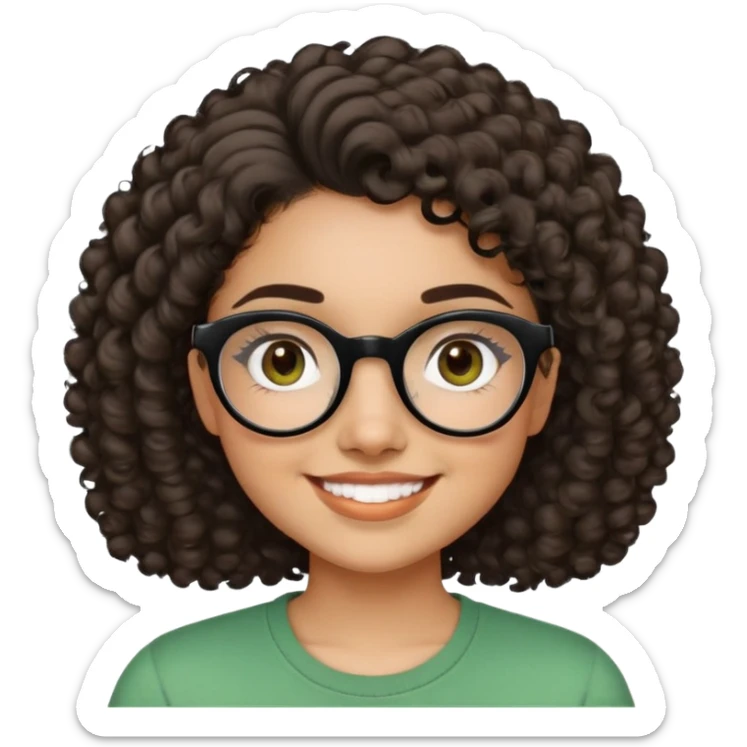 Young Latina woman with light brown skin. Round friendly face. Dark brown eyes with black-framed glasses. Thick arched eyebrows. Short voluminous curly hair. Big smile showing dimples. Wearing a green casual top. sticker