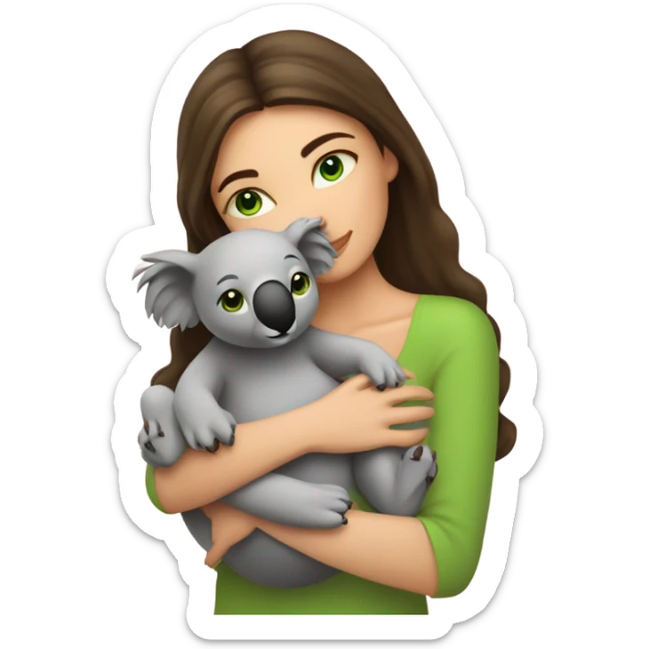 brunette women with green eyes holding a koala and kissing him with pink hearts all around  sticker