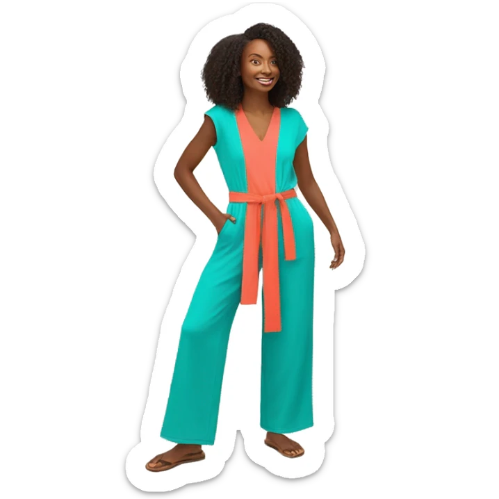 Vibrant jumpsuit with adjustable waist, V-neck, wide legs, and made from organic cotton in bright, bold colors like coral or turquoise. sticker