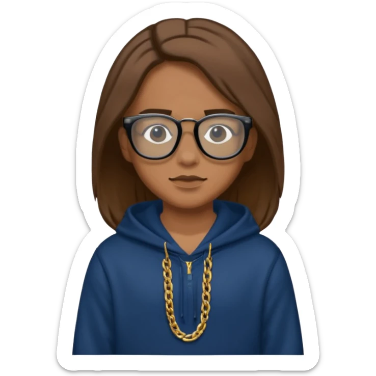 Brown hair with black glasses and the lends of glasses are black and a dark blue hoodie that says caylus kingdom with black pants and a gold chain sticker