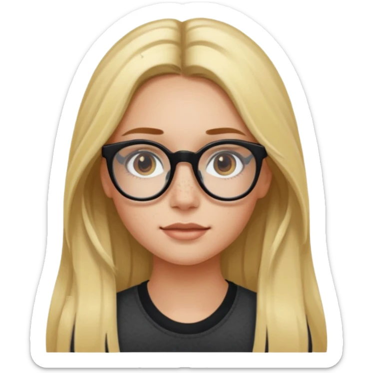 blonde girl with visible brown roots, long hair, freckles, black frame glasses sticker