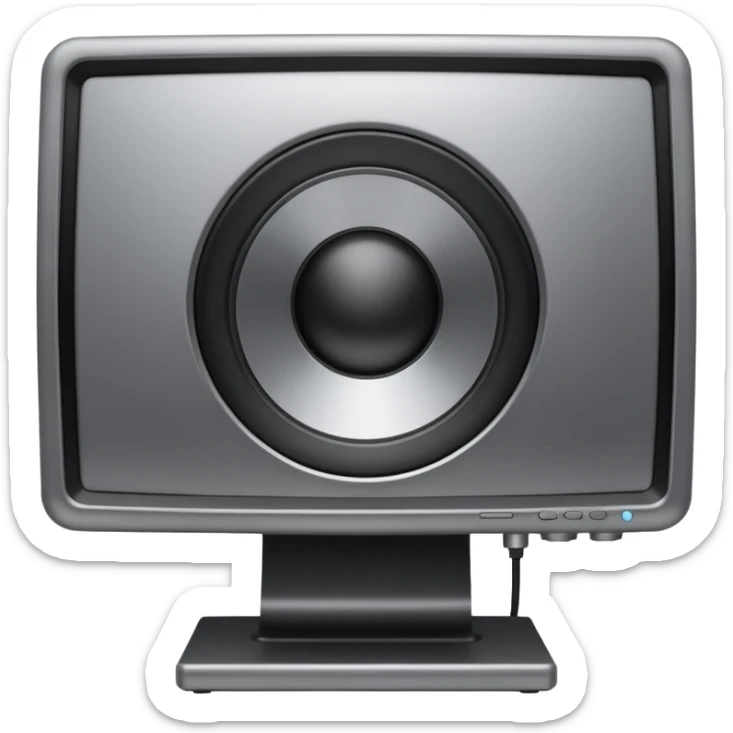 Minimal emoji icon of a modern metallic studio monitor, front view, detailed geometry, dark metallic body, subtle highlights, isolated sticker