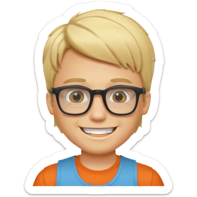 portrait of boy, wearing a tank top, square glasses, grinning face, blond hair sticker