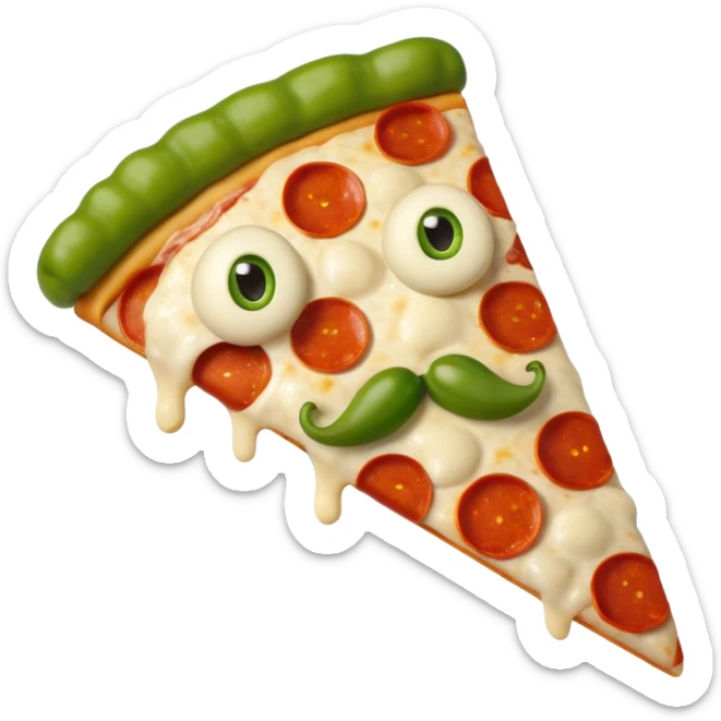 Make a photo of a pizza with pepperonis from eyes and mushroom from the nose and green bell pepper from the mouth and mustache sticker