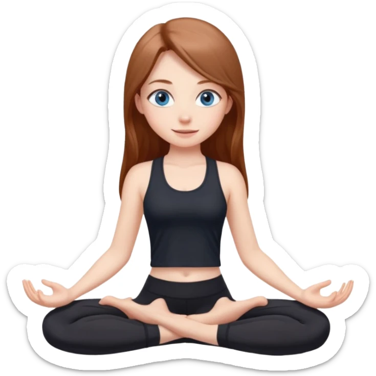 A girl with fair skin and a natural blush. Eyes are large, expressive, blue. Hair is long, straight, chestnut-colored. Smile is soft, friendly, does yoga in a black top and leggings sticker