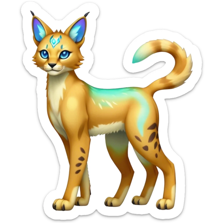 An iridescent transparent luminescent colorful fantasy-lynx-caracal-serval-fakemon-Digimon-creature-hybrid full body sticker