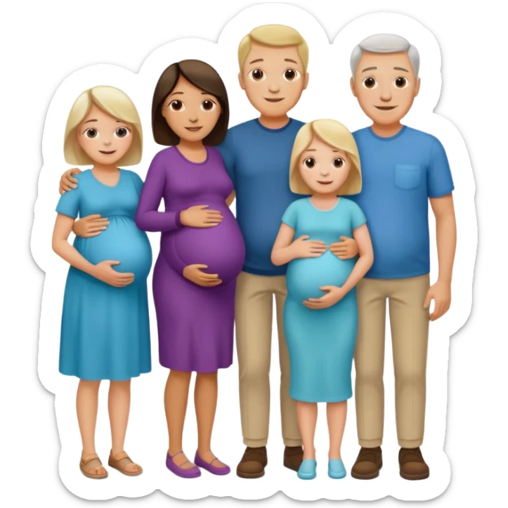 I want a couple with a wife that’s pregnant and then on the male side standing next to him is his family mom is sick the dad is fine  and his siblings and grandparents are okay smiling. sticker
