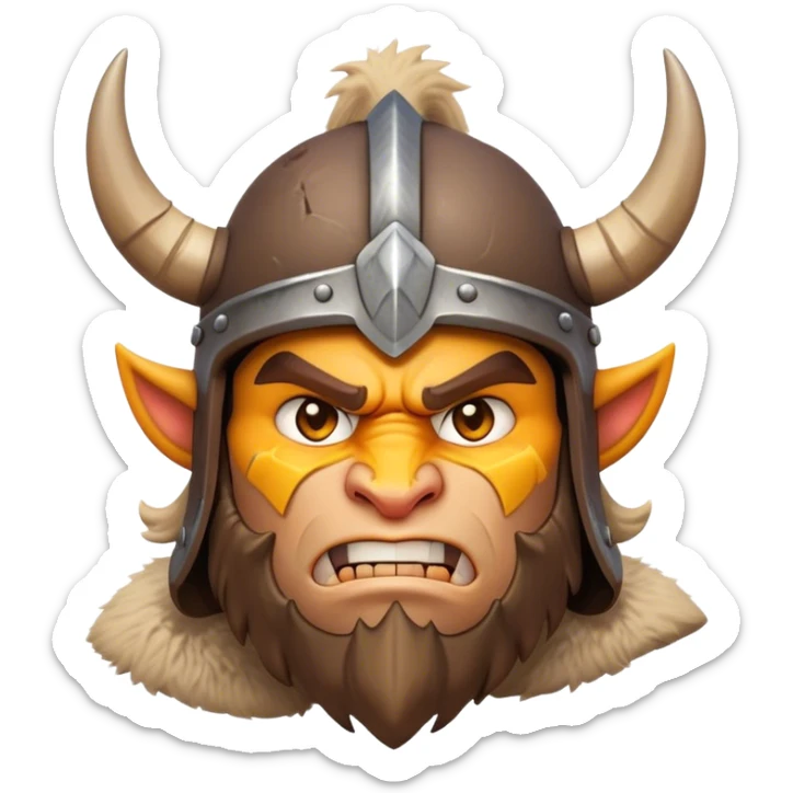 Clash of Clans aesthetic: Cinematic Fierce Barbarian Portrait Emoji, Poised and bold with a rugged yet cartoonish build in tattered furs and a horned helmet, his face rendered in a natural skin tone (not yellow), expressive bright eyes and a confident smirk, Simplified yet dynamic features, highly detailed, glowing with a vivid, adventurous aura, high shine, heroic and spirited, stylized with an air of medieval warrior charm, focused and energetic, soft glowing outline, capturing the essence of a fearless barbarian adventurer ready to lead his clan with spirited valor! sticker