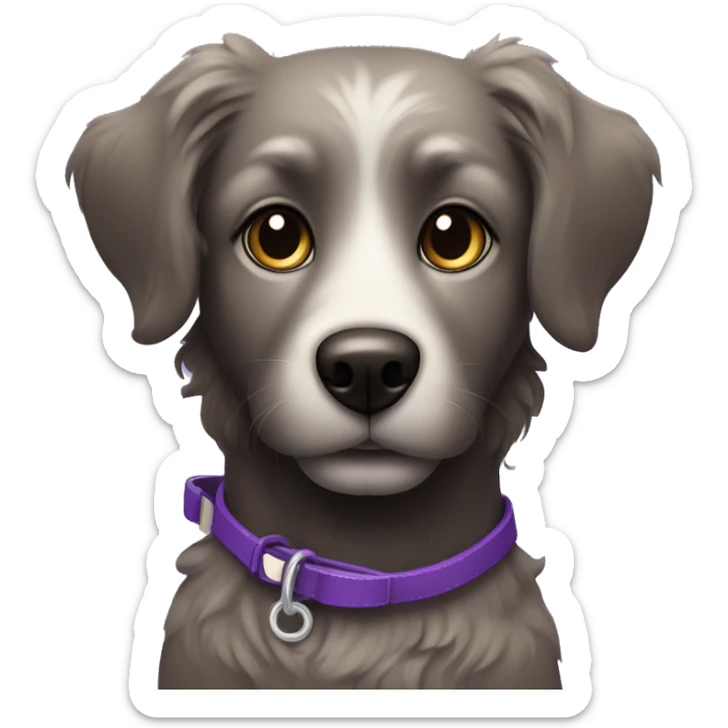 Black dog wit curly hair. White hair under the nose and mouth. Brown eyes with a black pupil in it. And a purple leash.  sticker