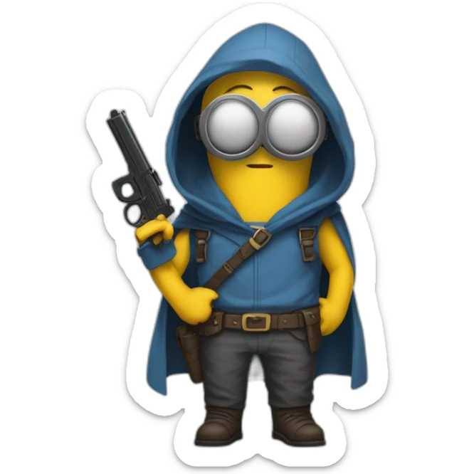 no face normal minion with glasses in hood in blue sleeveless shirt with with raised hands and pistols in each with a gold insert on the belt in gray pants and leather boots sticker