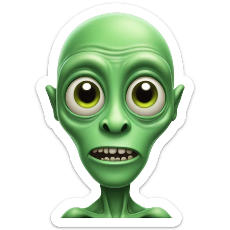 green alien named oober schlort with big forehead and cheek bones and big lifeless eyes sticker