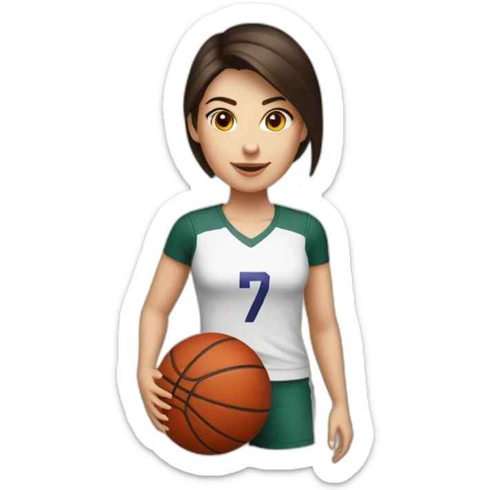 White skin brunette female playing football with very small basket ball sticker
