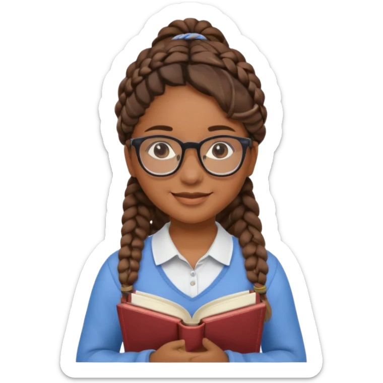 A student, girl, brown skin, braid hair, wearing glasses, hold book in front of their chest sticker