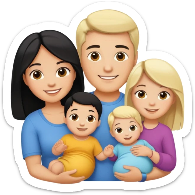 family with blond dad, brunette mom, blonde son, daughter with black hair, and a baby sticker