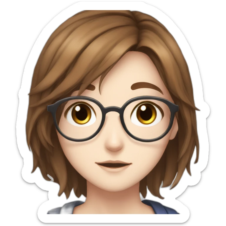 Girl with brown medium hair blue glasses brown eyes freckles anime sticker