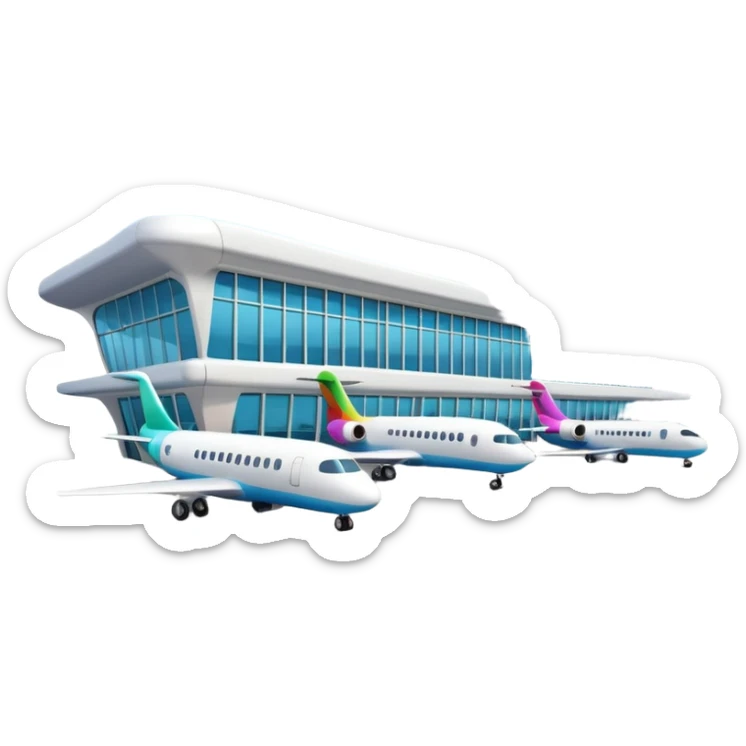 A 3D cartoon airport terminal building with glass windows and airplanes nearby, clean lighting, Memoji-style rendering. sticker