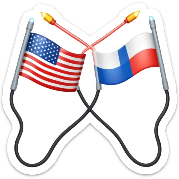 symbolic hot wire connecting Russia and USA with Russian and US flags at each end, glowing wire in the middle, tense atmosphere sticker