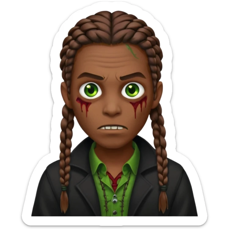 Glued braids men zombie with brown hair color and green eye color, with dark vampire clothes, brown skin sticker