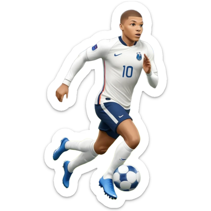 An icon showing Kylian Mbappé running with the ball on a football field during a match. The design captures his speed and focus, with dynamic motion lines and a vibrant background of the field and stadium lights. Transparent background emphasizes the action. sticker