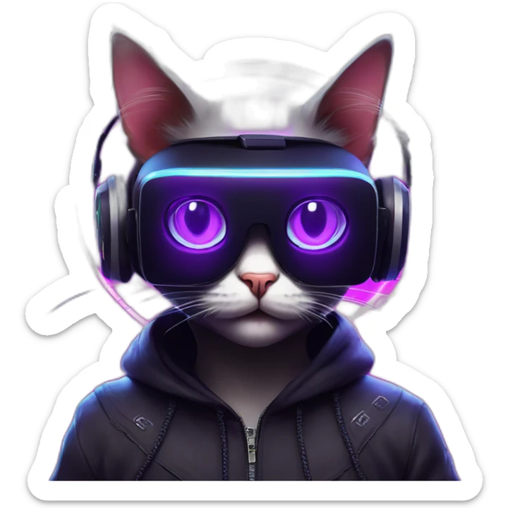 cat wearing a black hoodie with "OMG" letters on it and VR headset in a cyberpunk VR environment with violet neon lighting. sticker