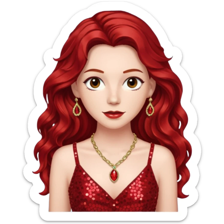 Chappell Roan, Pop Singer (b.1998) with long dark red wavy hair, red sequin dress and necklace sticker