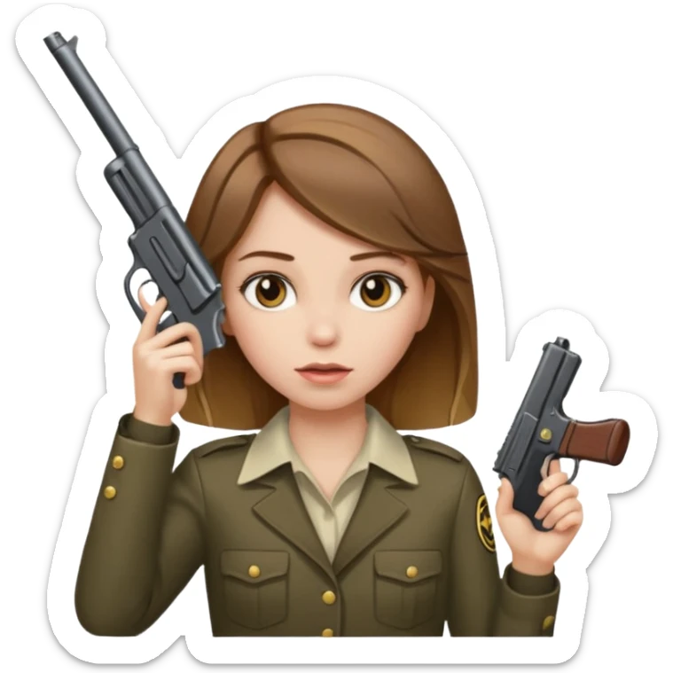 A girl with brown hair with blonde highlights putting a gun on her head sticker