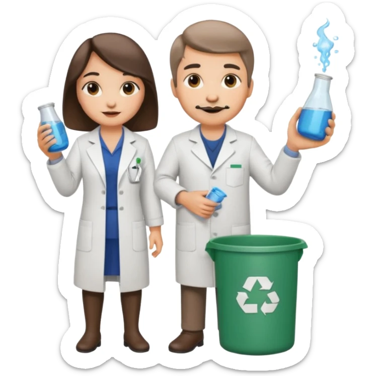 an otter disguised as a woman picking up trash bins, next to a man mad scientist sticker