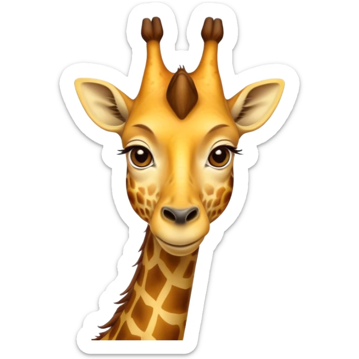 Cinematic Noble Giraffe Portrait Emoji, Poised and regal, with a towering, elegant build and a stunning, patterned Fur of warm yellows and browns, long, graceful neck and soulful, gentle eyes, Simplified yet sharp and sophisticated features, highly detailed, glowing with a soft, dignified glow, high shine, intelligent and graceful, stylized with an air of savannah majesty, focused and attentive, soft glowing outline, capturing the essence of a watchful and confident giant, so majestic it feels as though it could stretch out of the screen with effortless authority! sticker