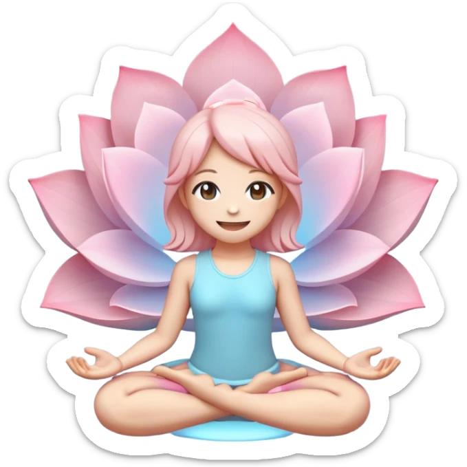 Cute flat-style emoji of a smiling lotus position, glowing aura around, pastel colors (light blue, soft pink), minimalist design, round frame, transparent background, 3D render, high details%::kawaii anime style::clay material render::pixel art 8-bit sticker