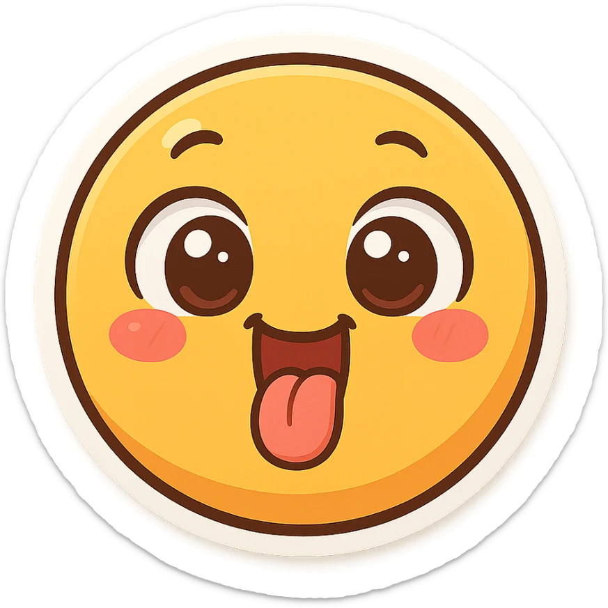 cheerful emoji for a kids quiz, wide eyes, tongue out, playful and cute sticker