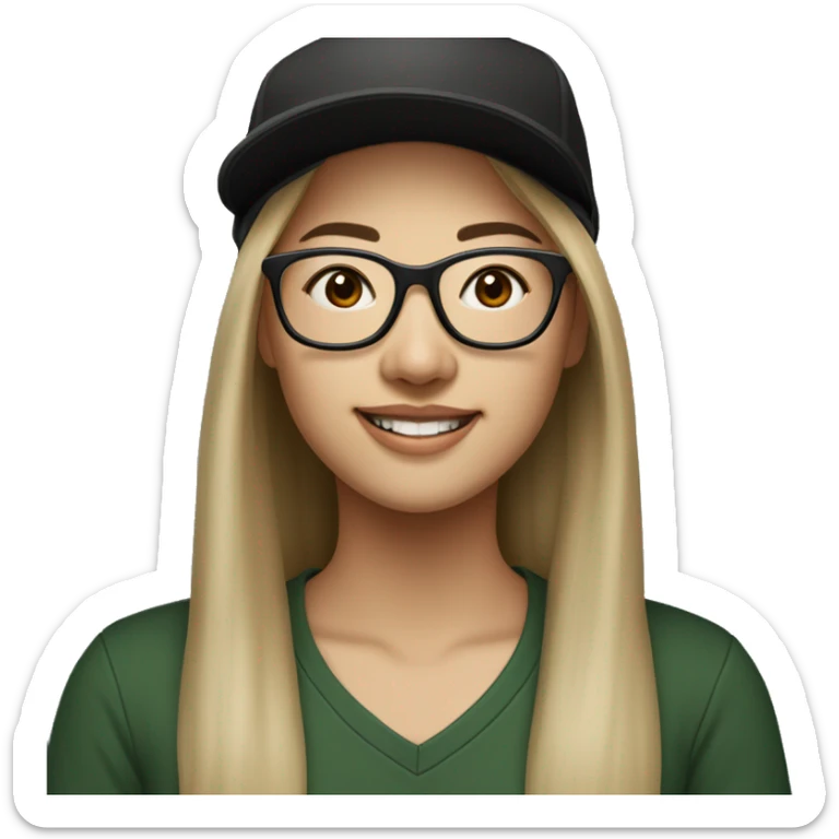 Hyper realistic, look from side, asian adult woman, light white skin, smiling with teeth, black eyes, spotted frame glasses, long light brown straight hair, black T-shirt, dark green cap. sticker