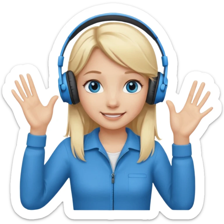 girl with blonde hair and blue eys, having on ears heaphones, with heands telling what  sticker